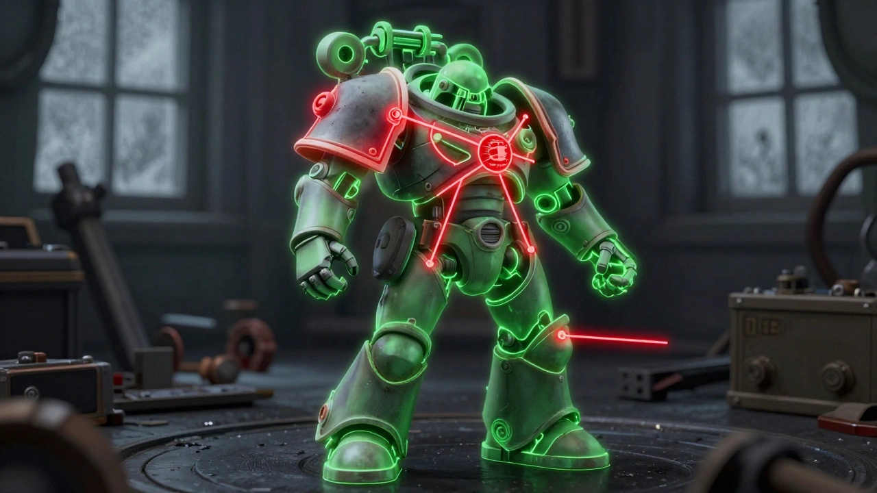 Схематичное изображение напряжения в соединениях миниатюры: красные линии показывают несовпадения, зелёные — идеально подогнанные детали.