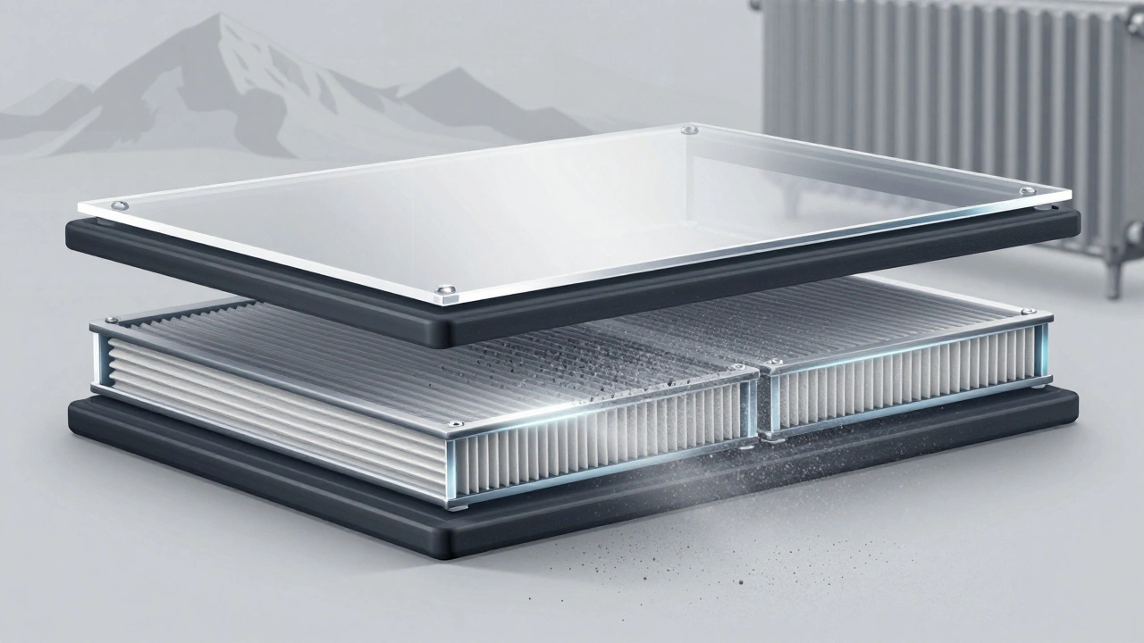 Схематичное изображение стеллажа с защитными слоями: акрил, силикон и фильтры, блокирующие пыль, на фоне уральского пейзажа.