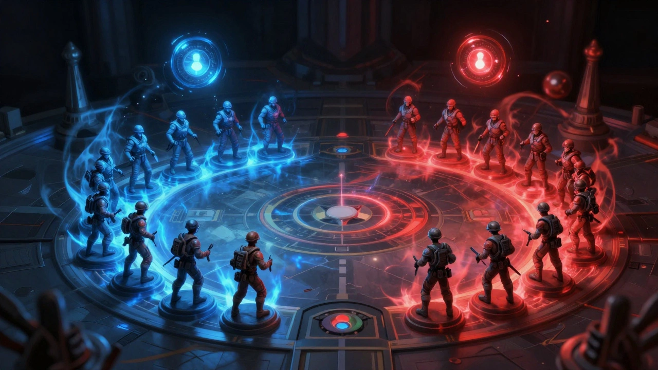 Сияющие энергетические эффекты сталкиваются между миниатюрами.