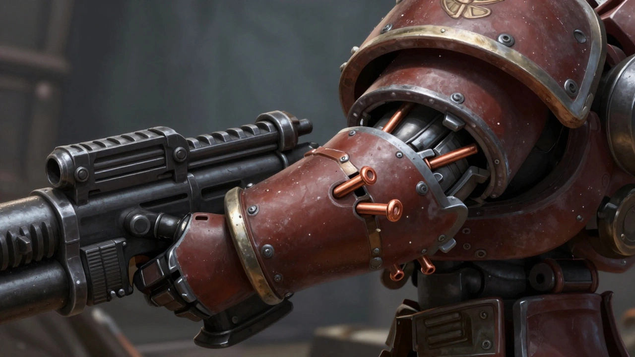 Сильное соединение между рукой и оружием Терминатора с двумя внутренними медными штифтами, вид в разрезе.