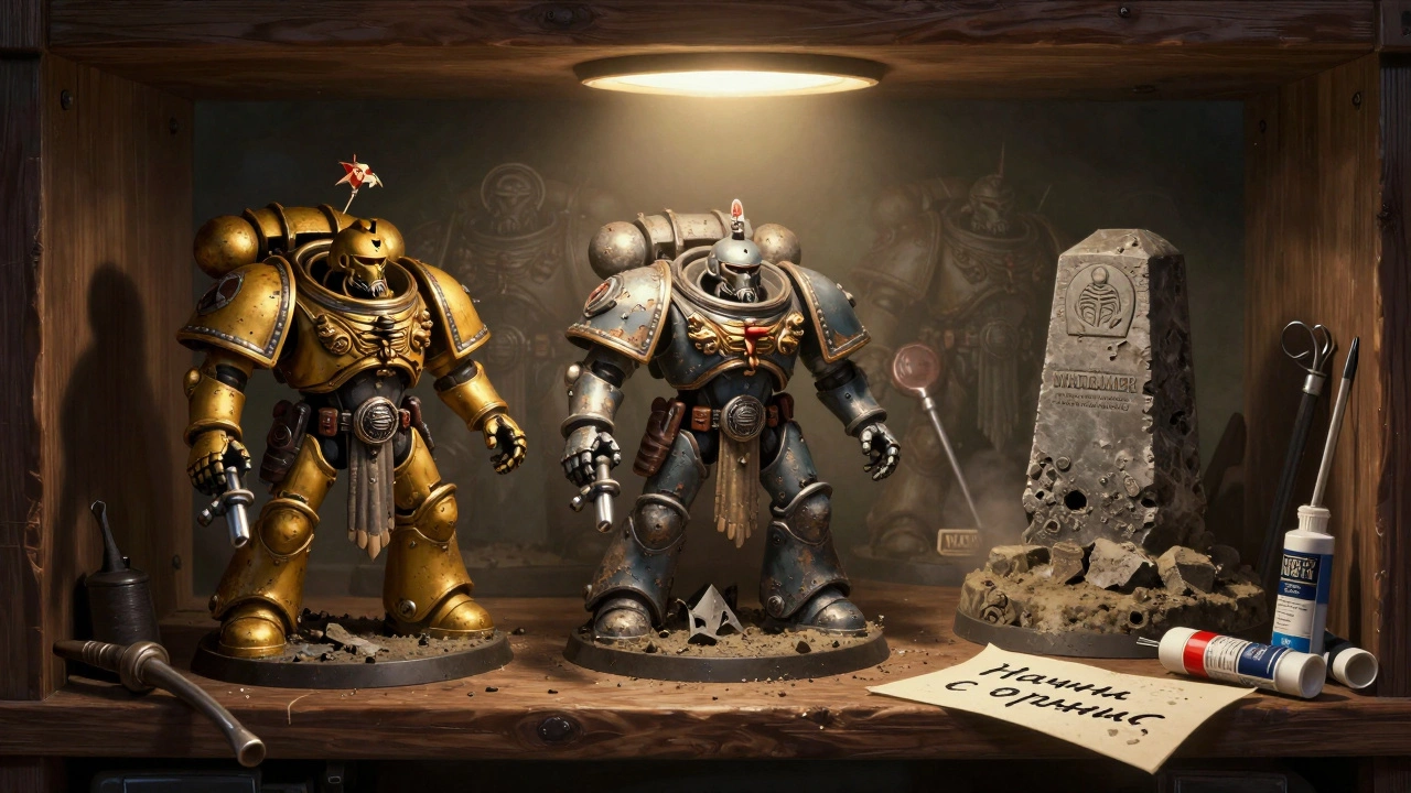 Скрытая коллекция редких Warhammer 40K миниатюр на полке в тёплом свете лампы.