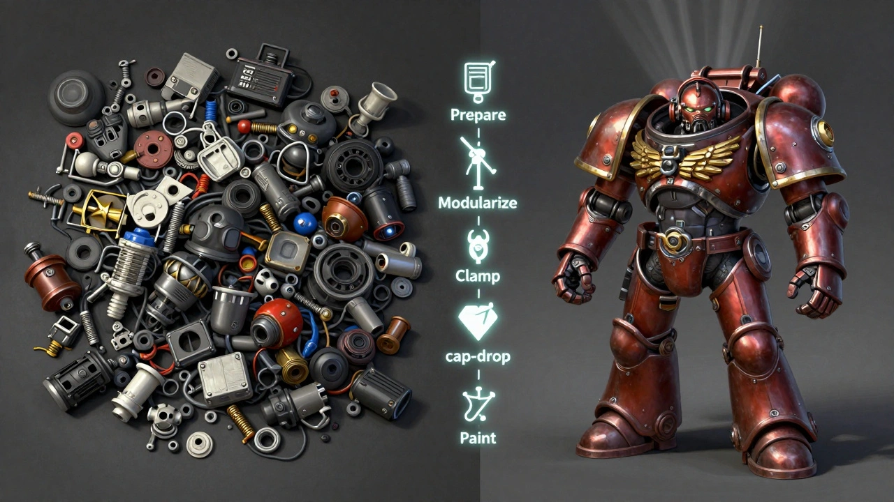 Слева — хаос деталей, справа — идеально собранная боевая машина Warhammer 40K.