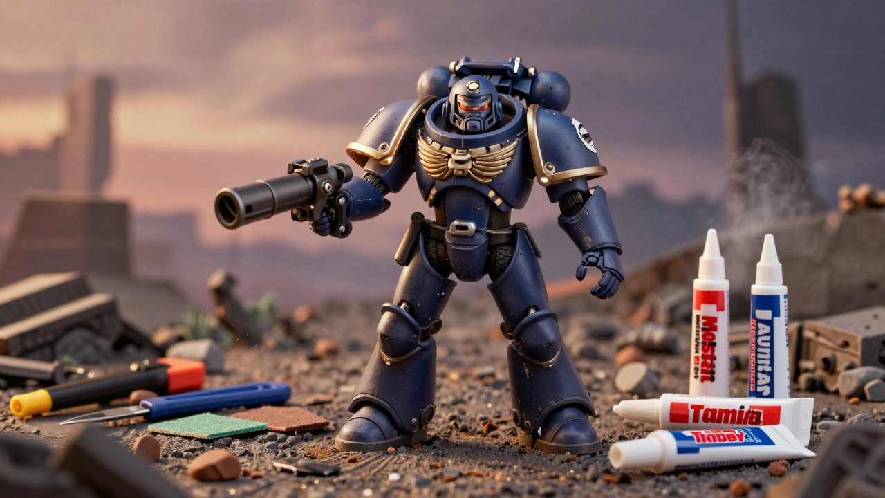 Собранная миниатюра Sentinel с магнитным оружием, рядом лежат инструменты для сборки: клей, нож и пластилин.