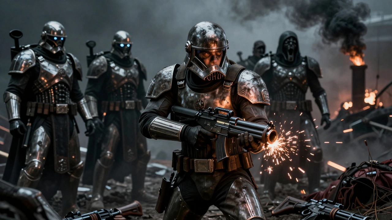 Солдат пытается починить оружие, пока техножрецы наблюдают с холодным ужасом в темноте полей боя.