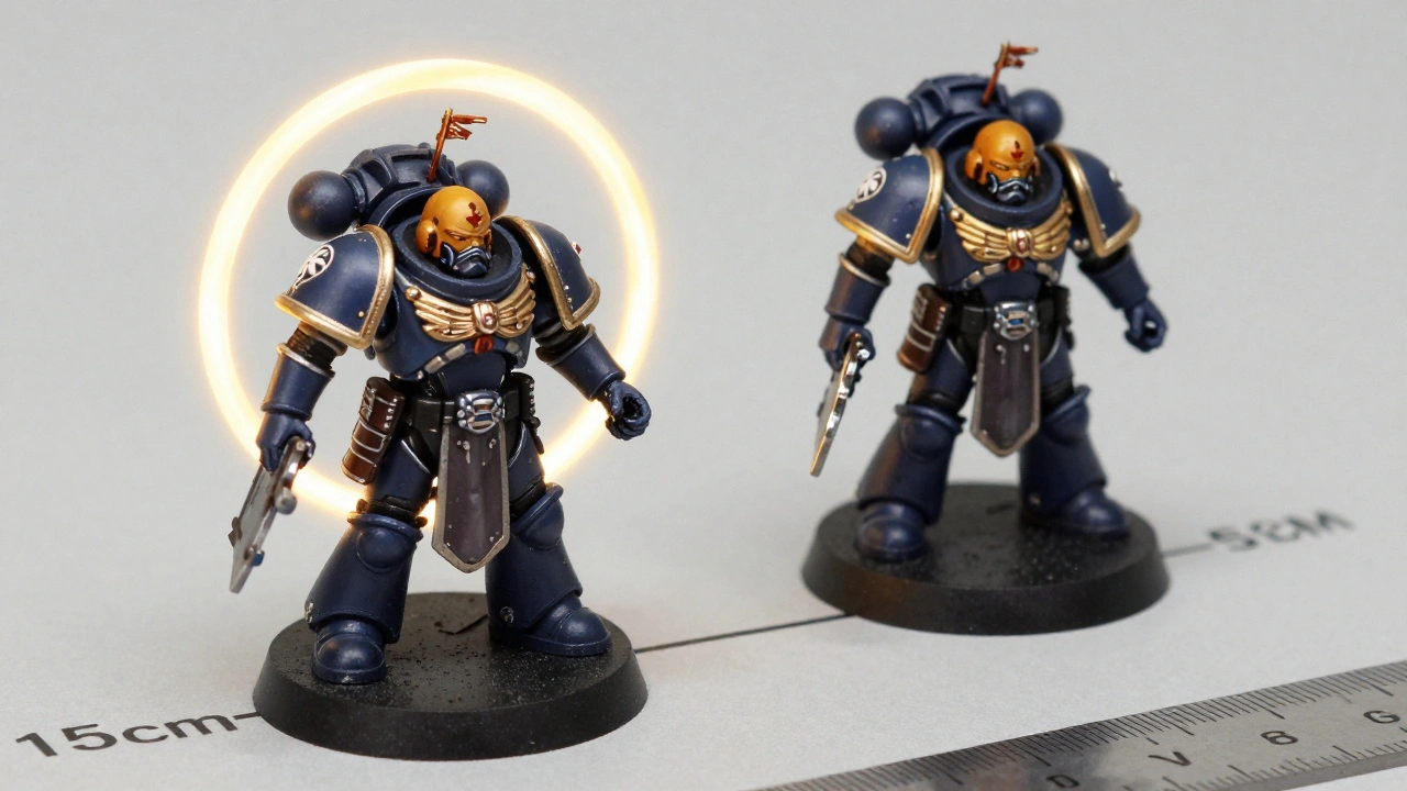 Сравнение двух моделей: одна внутри зоны ауры, другая — вне её, с линейкой, подчёркивающей измерение от базы.