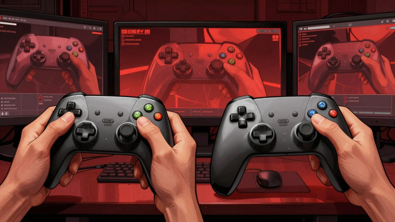 Сравнение рук игрока и профессионала при анализе реплея — один напряжён, другой спокоен.