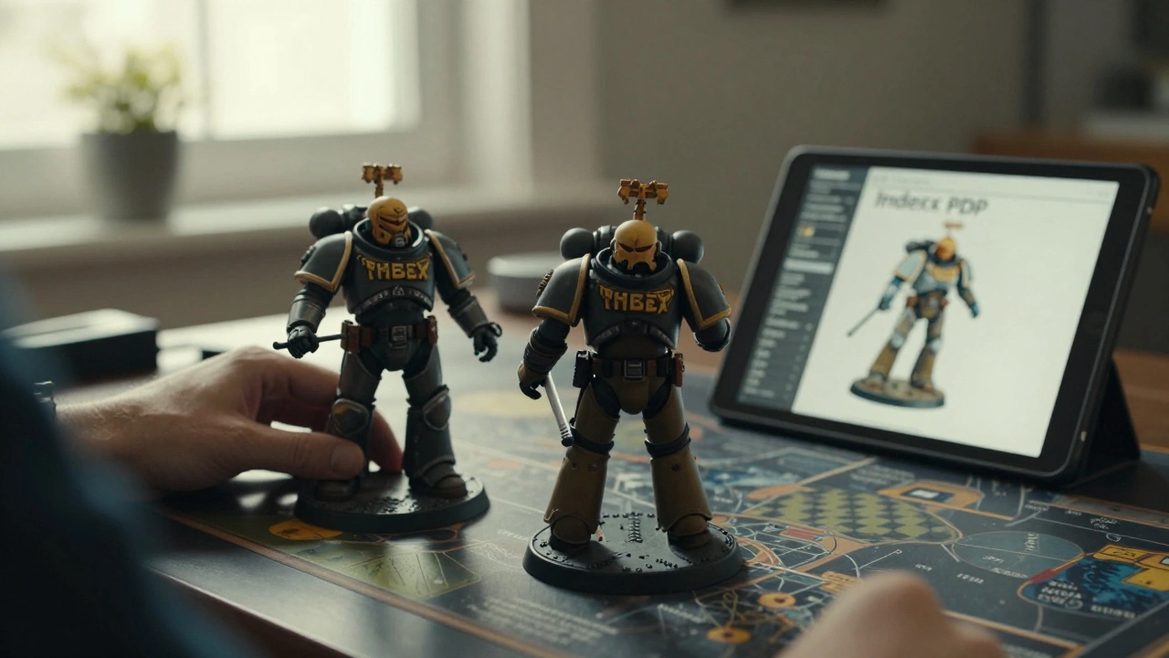 Старая и новая модель Космодесанта на одинаковых основаниях, рядом планшет с Индексом.