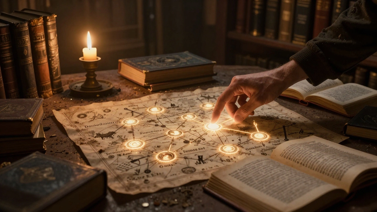 Старинная библиотека с картой, соединяющей события из книг и правил игры Warhammer 40K.