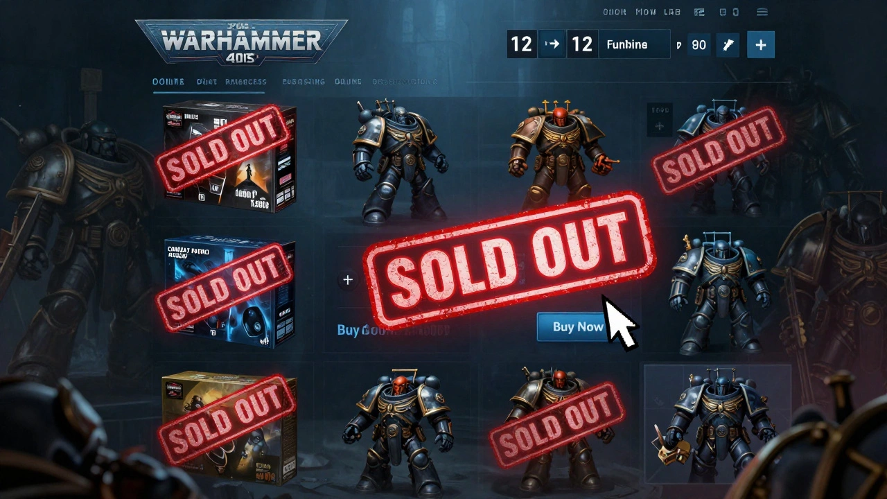 Страница онлайн-магазина с наборами Warhammer 40K, почти все распроданы, кроме Combat Patrol Adeptus Mechanicus.