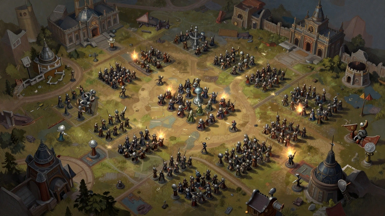 Стратегический вид сверху на поле битвы с фигурками армий в туманной атмосфере.