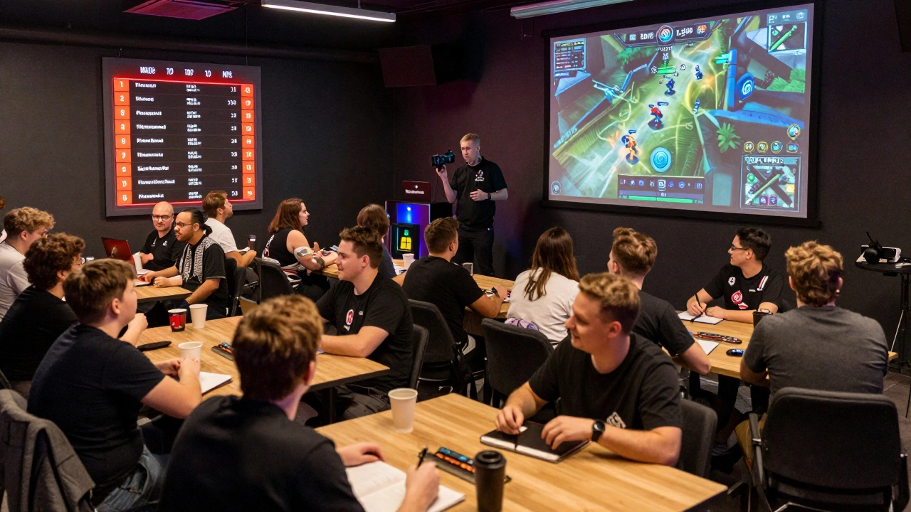 Стример ведёт разбор матча на сцене, за ним проецируется рейтинг топ-10, игроки внимательно смотрят.