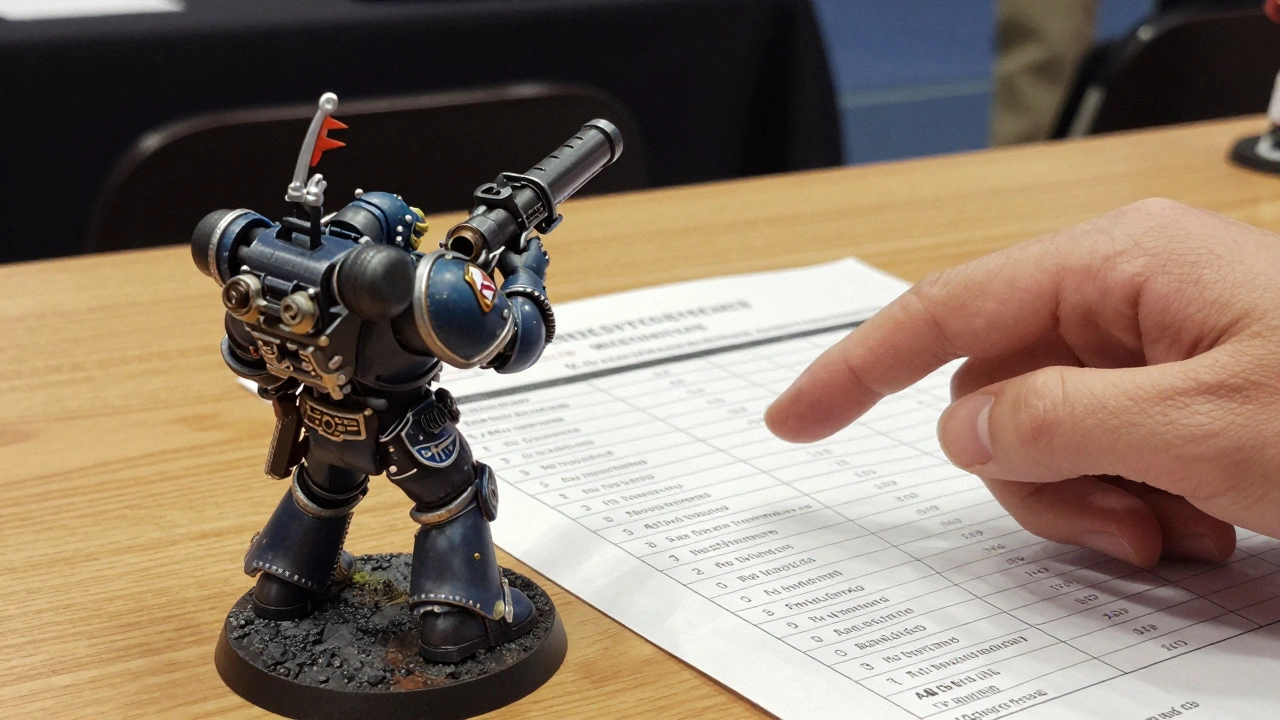 Судья проверяет соответствие модели и ростера на турнире по Warhammer 40K, акцент на тяжелом оружии орка.