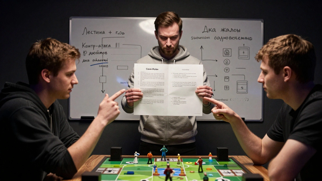 Судья спокойно разрешает спор игроков, указывая на раздел правил о линии обзора.