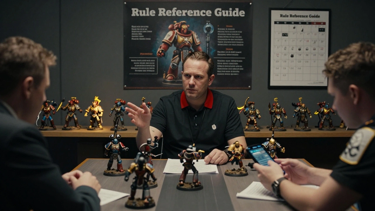 Судья Warhammer 40K спокойно разрешает спор между игроками, держа в руке правило и указывая на таблицу.