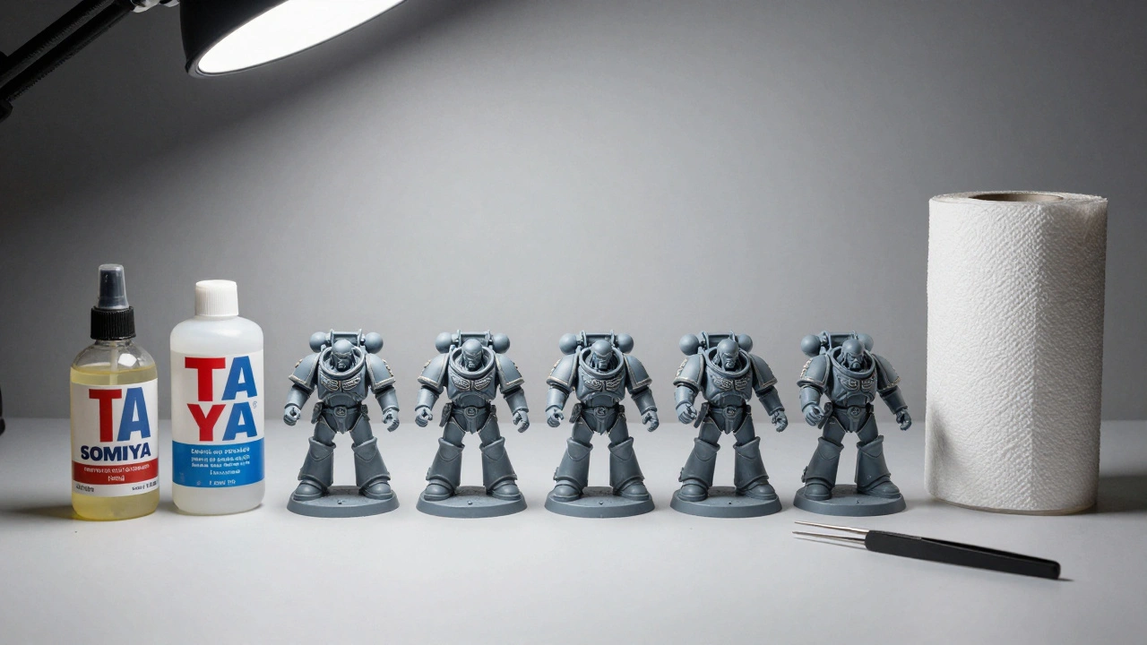 Сушащиеся миниатюры Warhammer 40K после грунтовки на стойке в аккуратной мастерской.