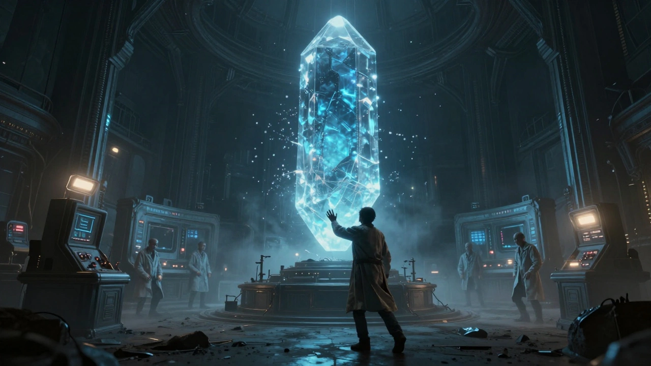 Таинственная лаборатория «Аврора» с пульсирующим некронским артефактом, учёный пытается остановить его активацию.