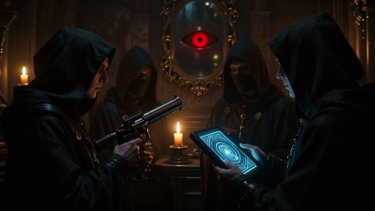 Таинственная сцена в стиле Dark Heresy: инквизитор в полумраке с подозрительным зеркалом.