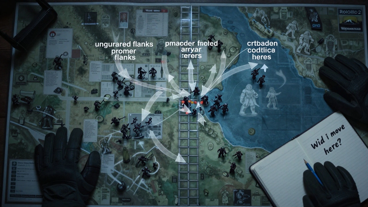 Тактическая карта с трассировкой ошибок: фланги, артиллерия и преждевременная атака в Warhammer 40K.