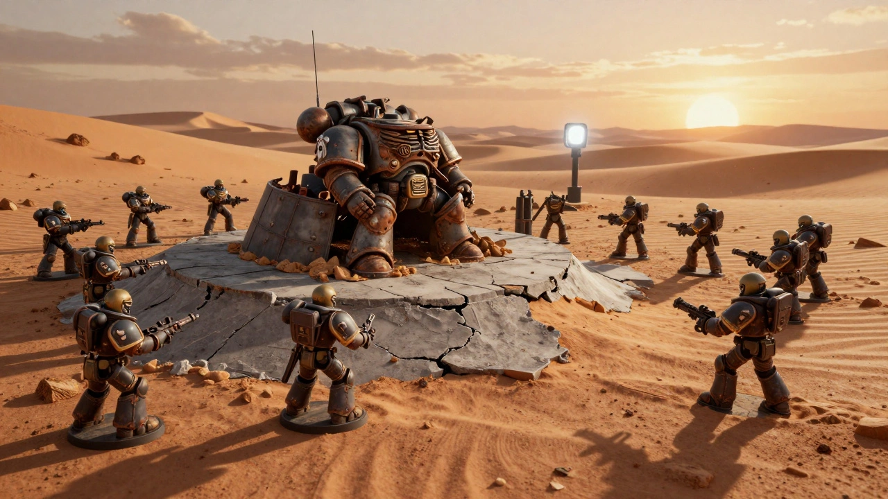 Тактическое поле боя Warhammer 40K с боковым освещением, подчеркивающим текстуры руин и определяющим зоны укрытия реалистичными тенями.