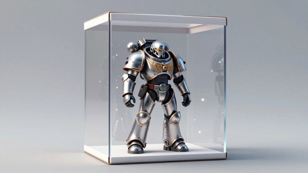 Терминатор в фотобоксе, освещённый равномерным светом, детали брони и отражения в металле видны чётко.