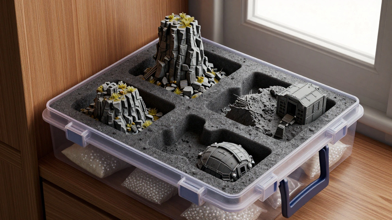 Террейн хранится в пластиковом ящике с пенопластовыми вставками и силикагелем.