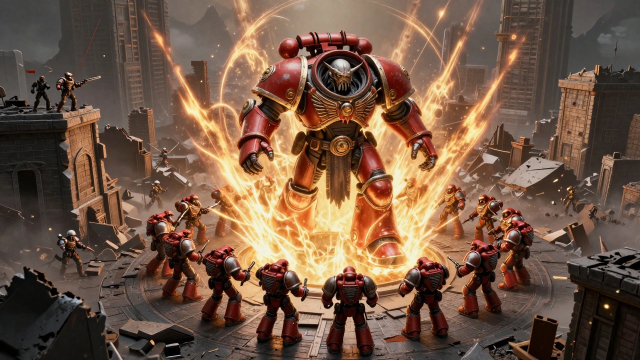 Титан-Доминус излучает ауру радиусом 30 см, охватывая союзные войска на руинах, в то время как вражеские силы остаются вне зоны.