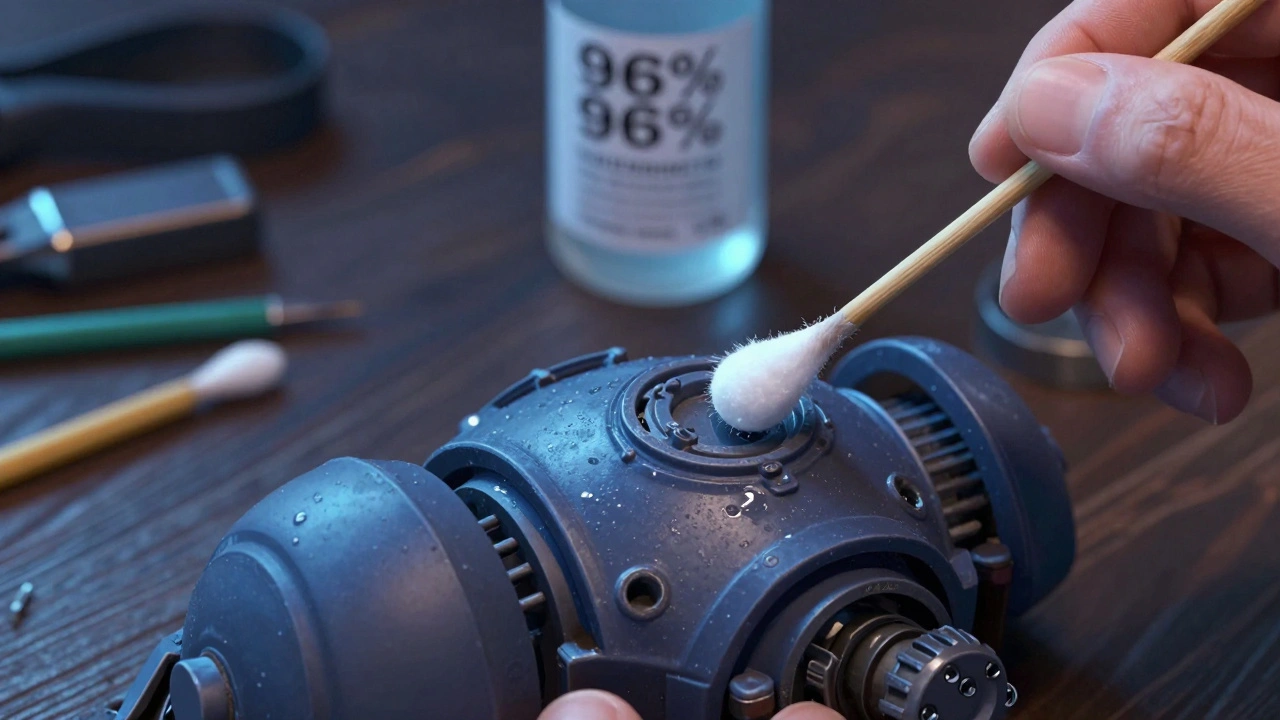 Точечная обработка пластиковой детали спиртом ватным диском для удаления жира.