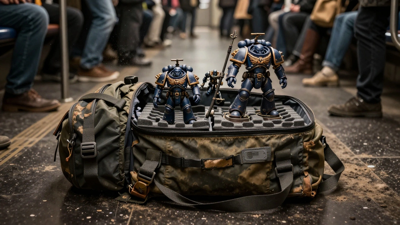 Транспортная сумка с миниатюрами Warhammer 40K, открытая в метро, внутри — тяжелые модели и съемные лотки.