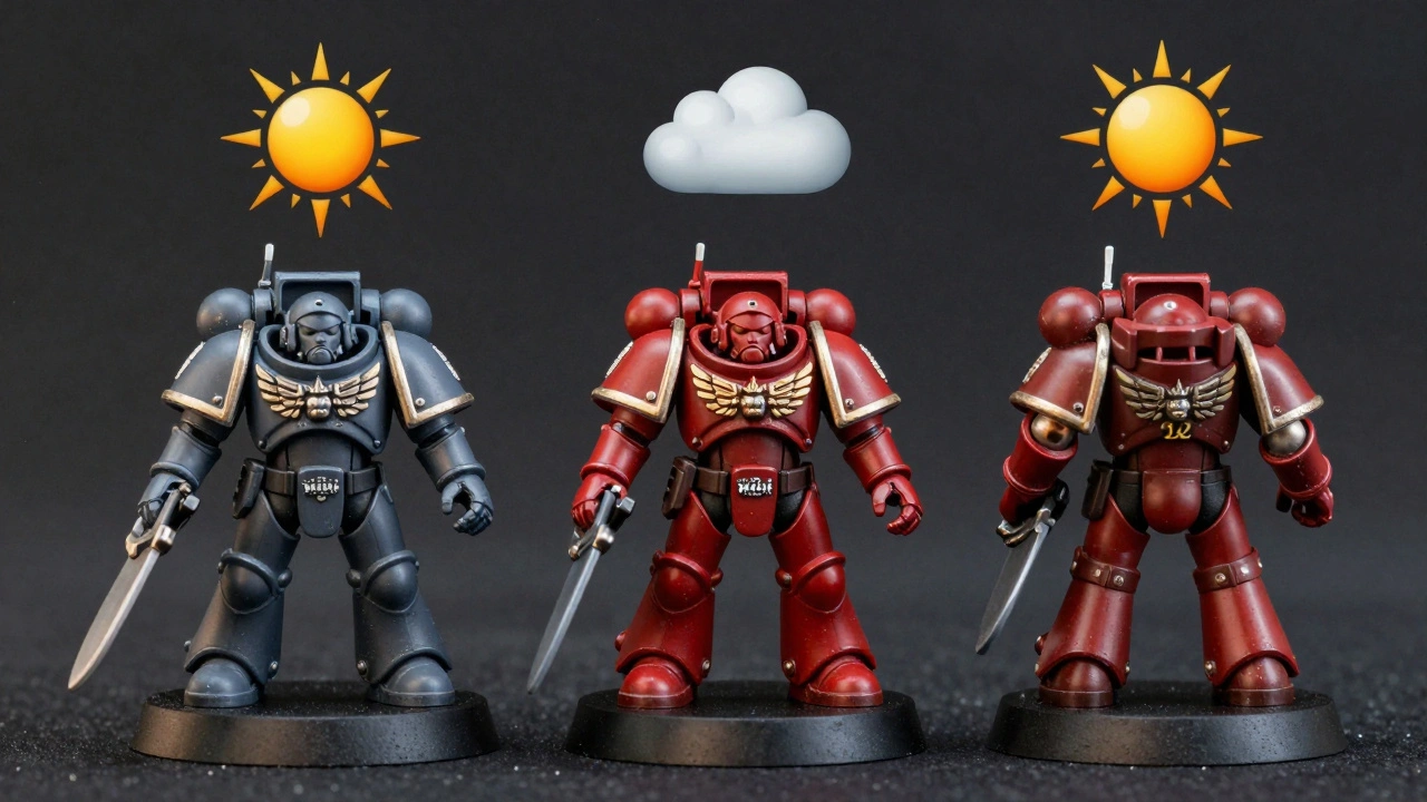 Три миниатюры с разными типами лака: матовый, сатиновый, глянцевый.