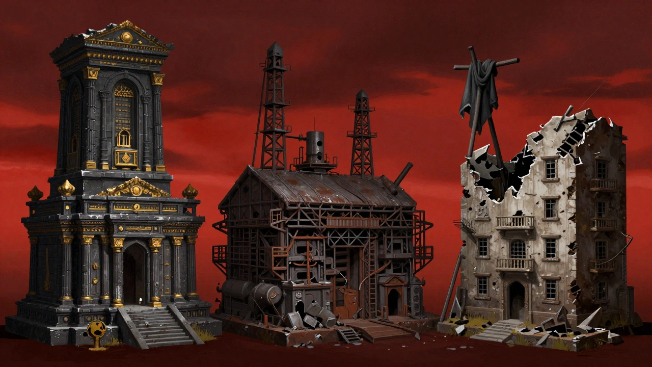Три разных руины: сожженный храм, промышленное здание и жилой блок под кроваво-красным небом.
