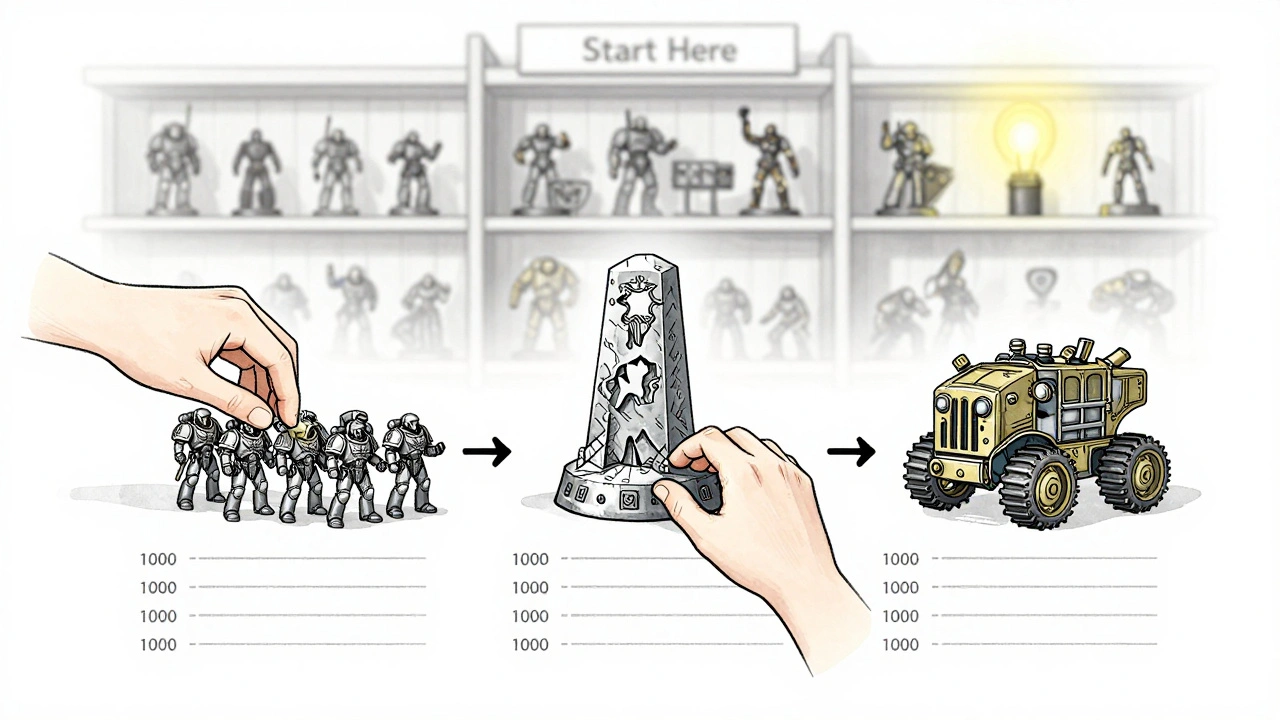 Три руки кладут ключевые юниты на список: космодесант, монолит и вагон орков, символизируя начало пути в Warhammer 40K.