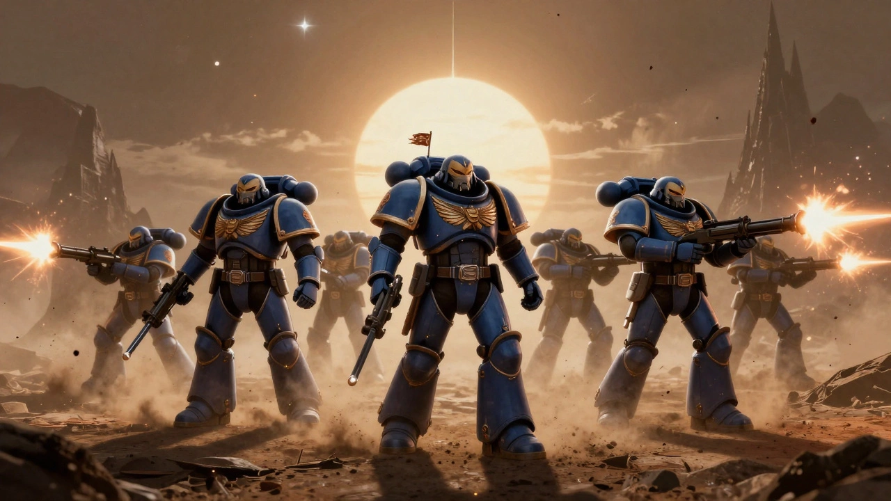 Три рыцаря разных классов атакуют в союзе с ультрамаринами на разрушенной планете.