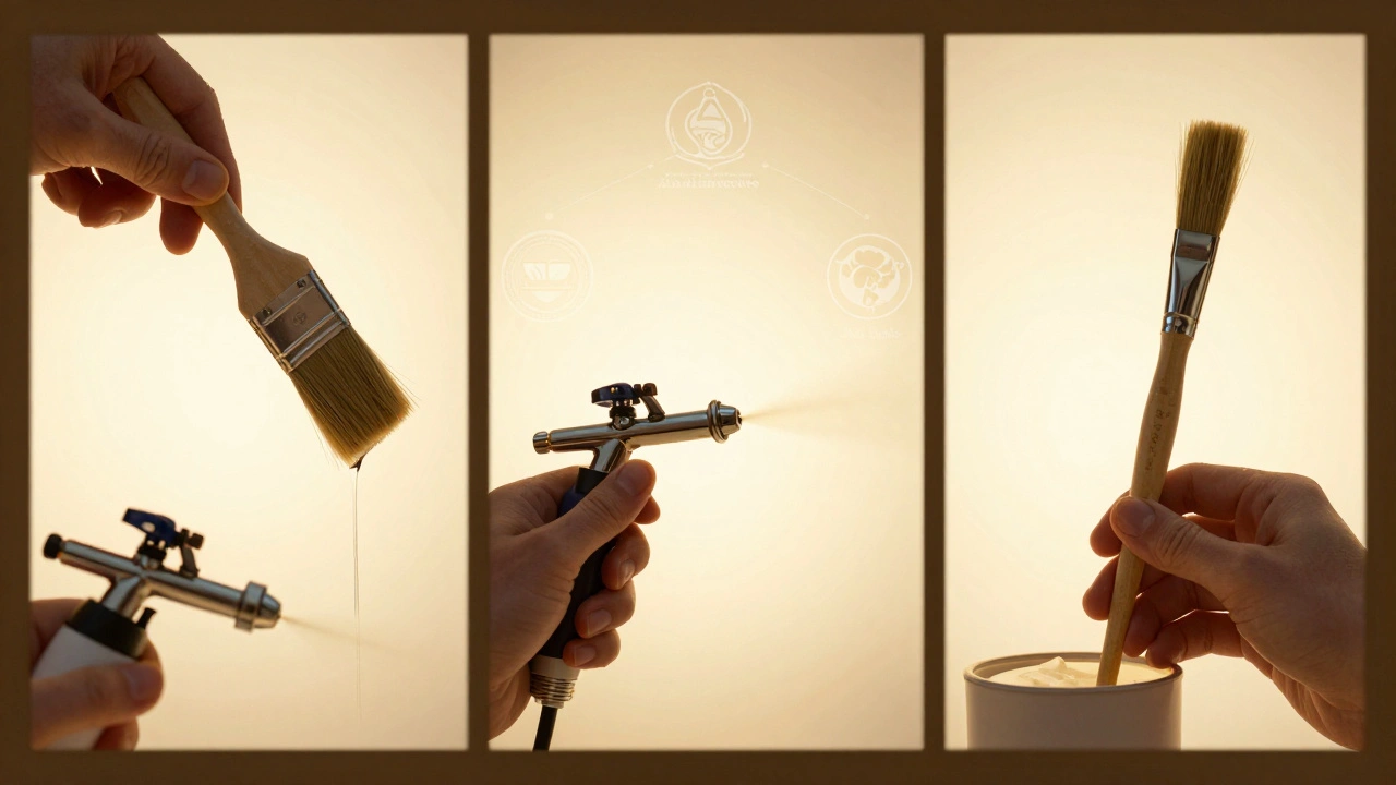 Три сцены: чистка кисти, промывка аэрографа, хранение инструмента — в золотом свете.