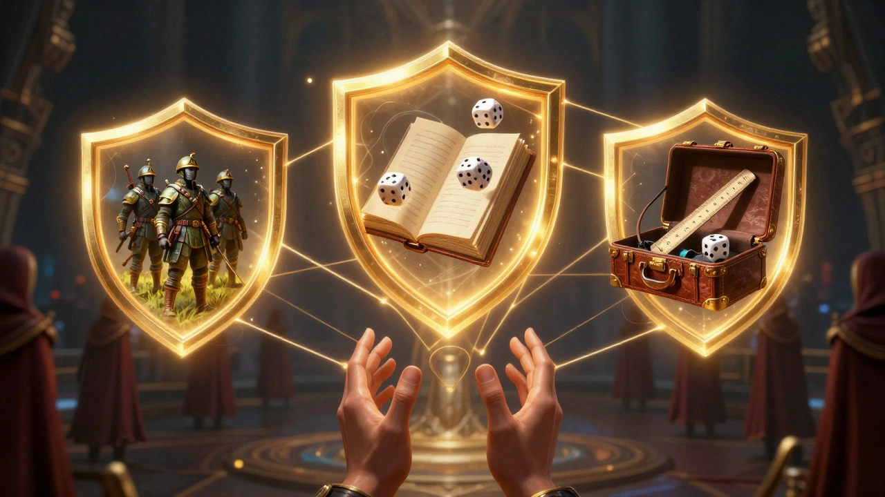 Три символа готовности к турниру: миниатюра, правила и снаряжение, окутанные золотым светом.