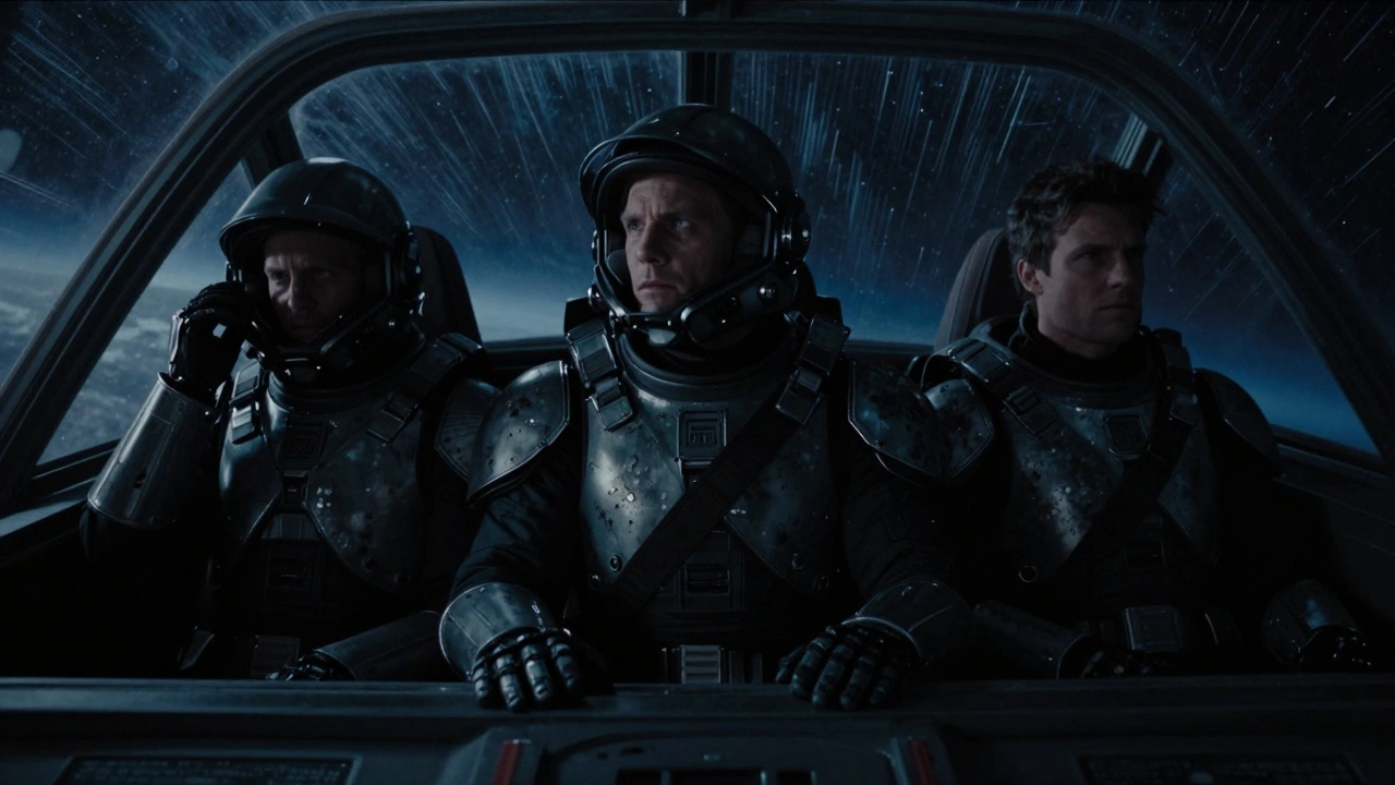 Трое солдат в космическом корабле — Тит, Леандр и Калгар — улетают в неизвестность, звёзды за окном.