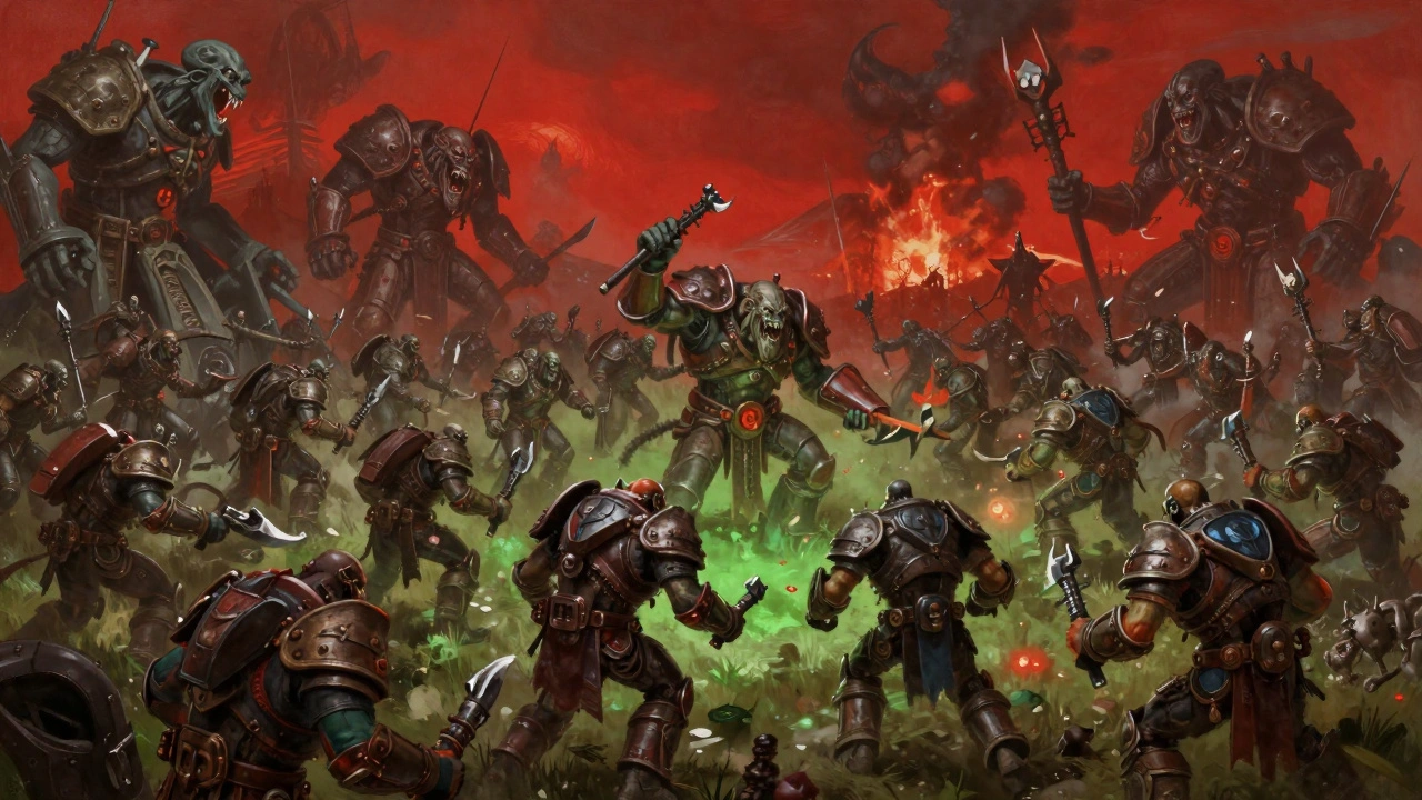 Туски и его орки бесконечно сражаются в царстве Хорна, окружённые демонами и разрушенными оружиями.