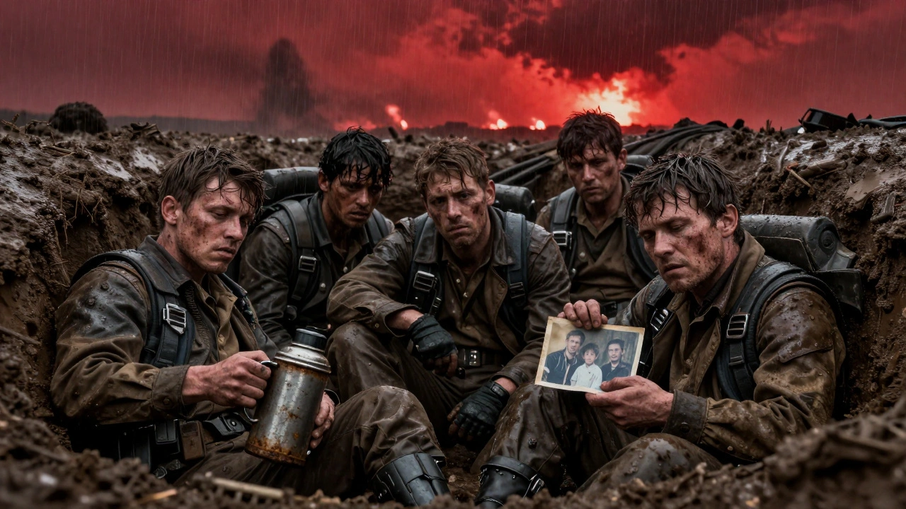 Уставшие солдаты Имперской гвардии в грязной траншее, смотрят на взрывы за горизонтом под красным небом.