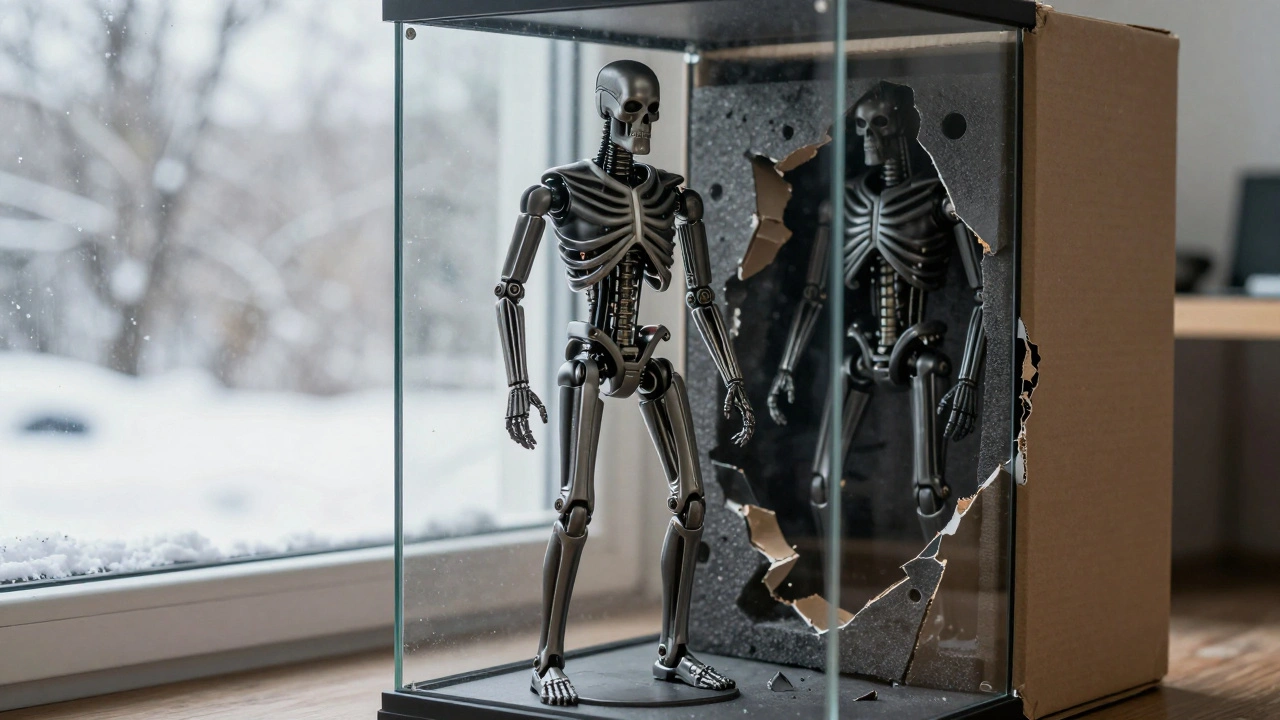 Восстановленная модель Terminator в витрине рядом с ее разрушенной версией в коробке.