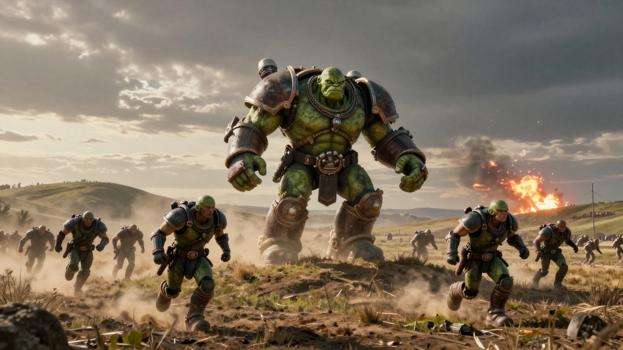 Вождь орков на мега-пушке атакует с холма, а его войска несутся по открытому полю под закатным светом.