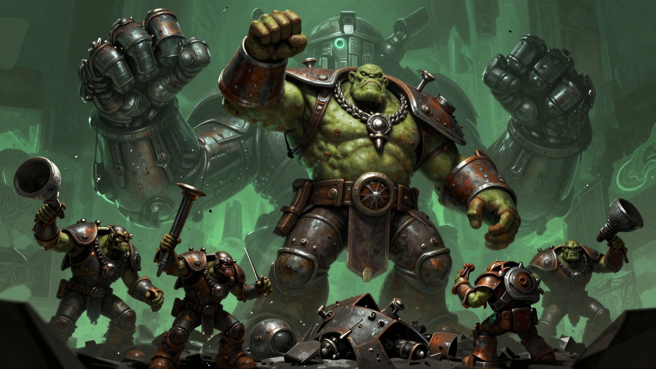 Вождь орков огромного размера стоит на разрушенной технике, окружённый боевыми соратниками.