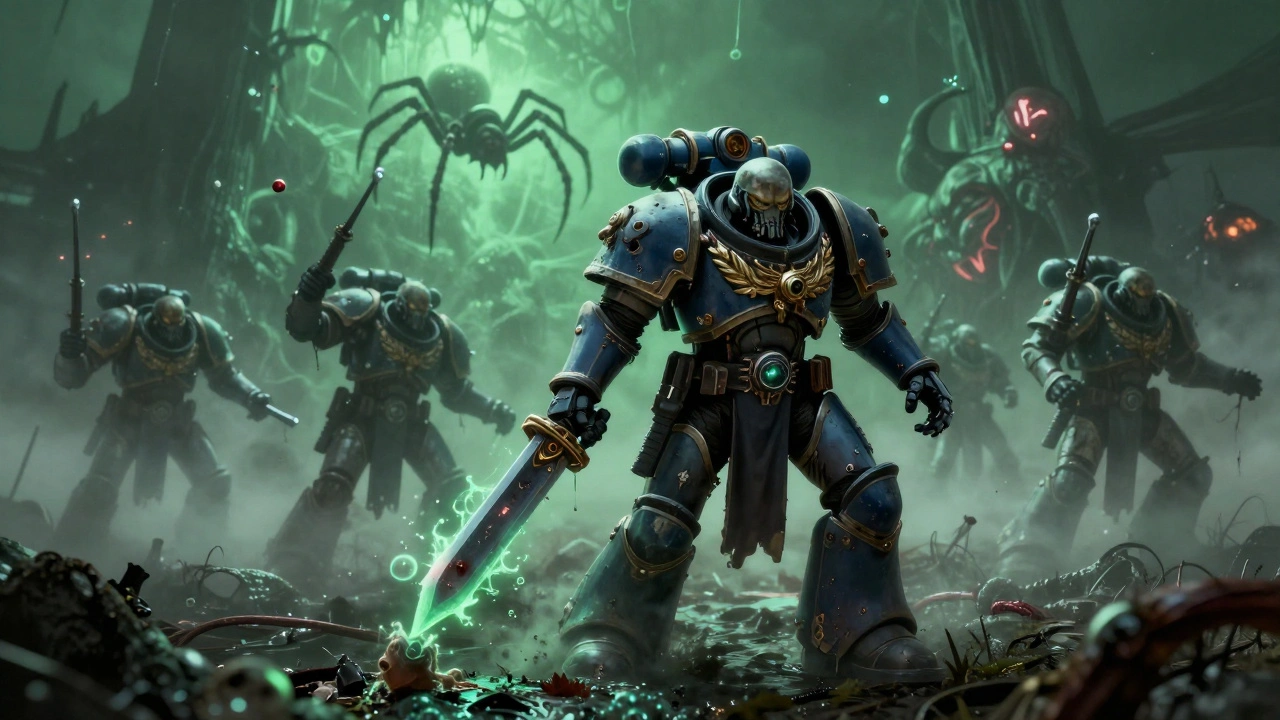 Заращенный ядовитым туманом боец Гвардии Смерти, рядом с пауками Варпы, прыгающими сквозь реальность.