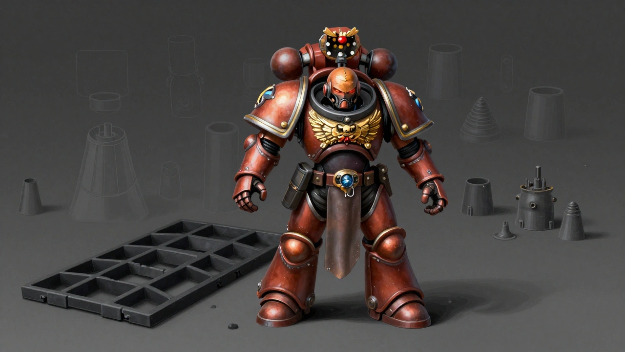 Завершённая миниатюра Warhammer 40K с идеальной покраской рядом с сырой деталью, символизирующая преображение.