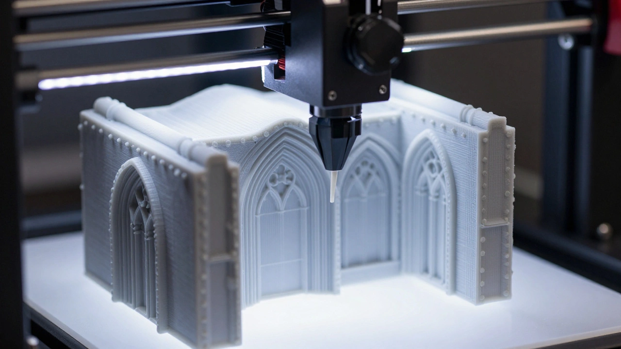 3D принтер печатает детализированную стену готического бункера