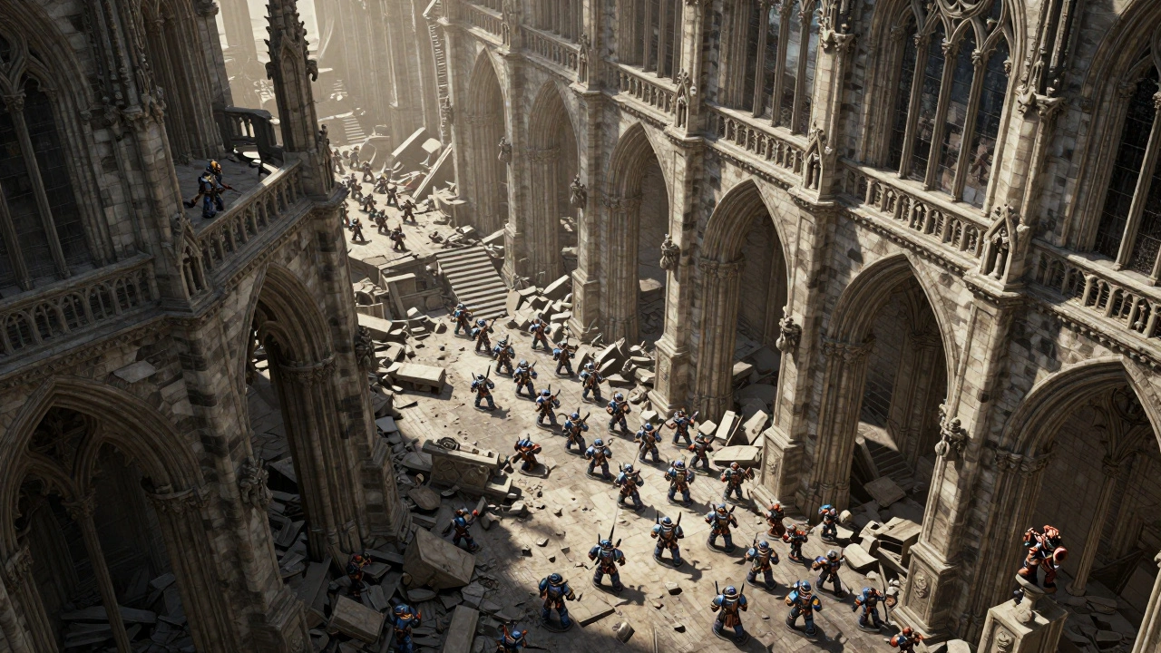 Бой в многоуровневом готическом здании, демонстрирующий вертикальный геймплей