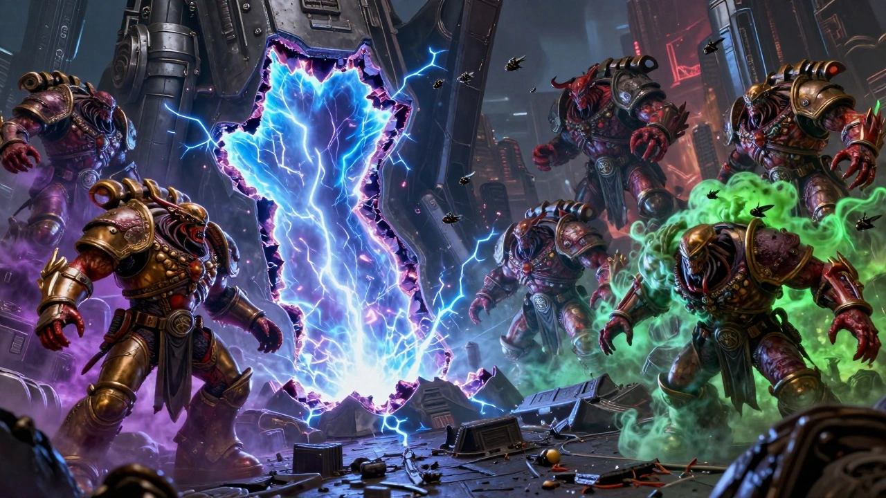 Демоны Хаоса, выходящие из светящегося разлома в реальности на руинах имперского города