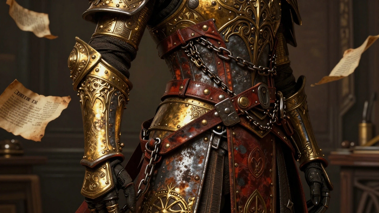 Детальный концепт-арт доспехов с печатями чистоты, золотом и ржавым металлом