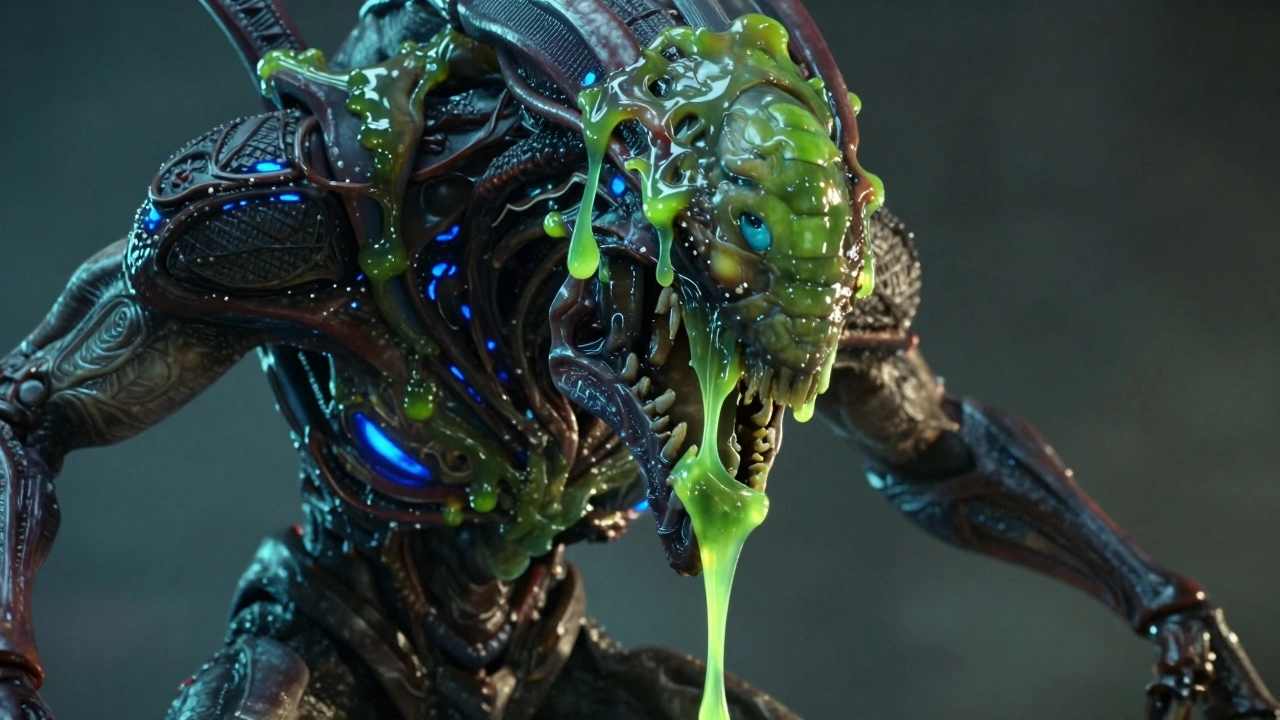 Детальный вид головы Тиранида с эффектом тягучей зеленой слизи и биолюминесценцией