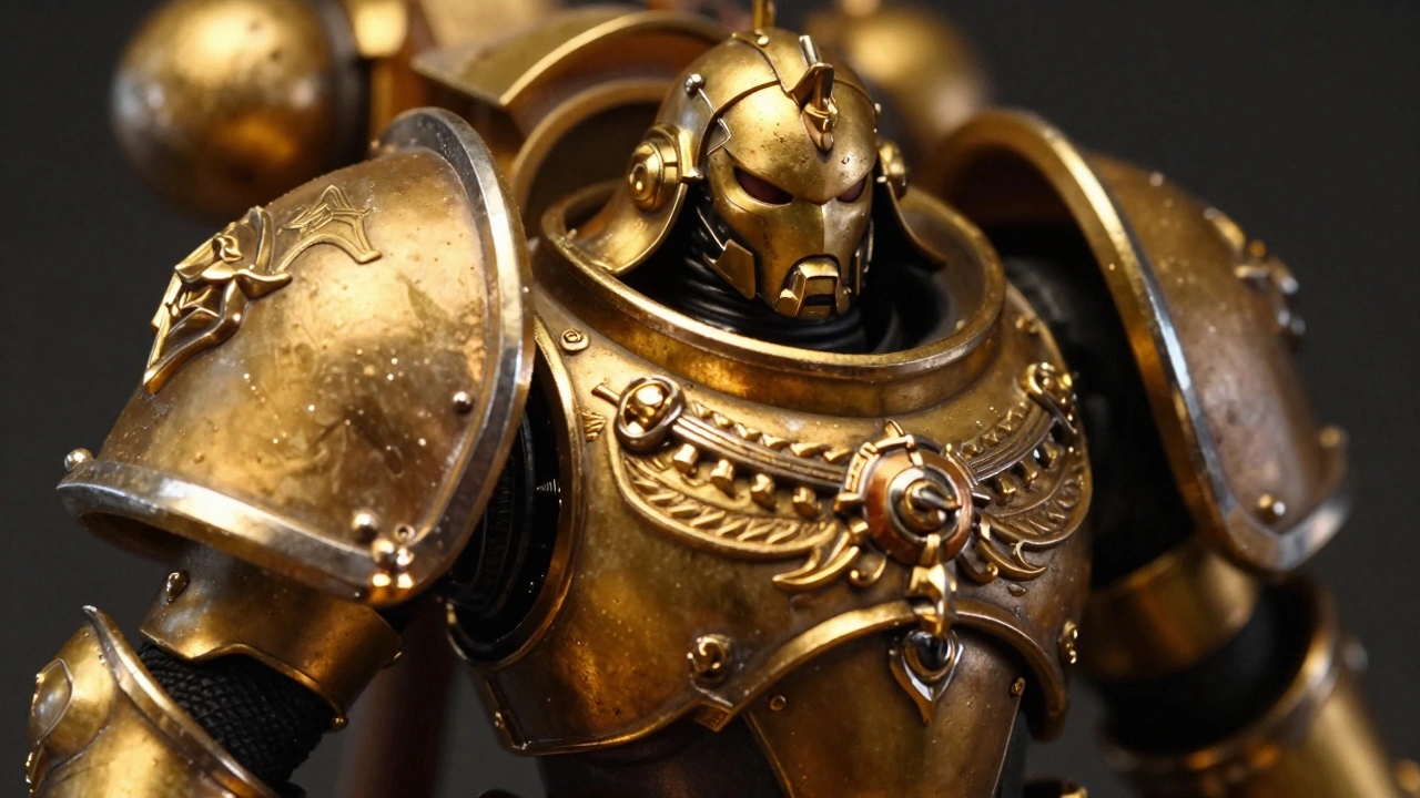 Детализированное золотое наплечье миниатюры с глубокими тенями и яркими бликами