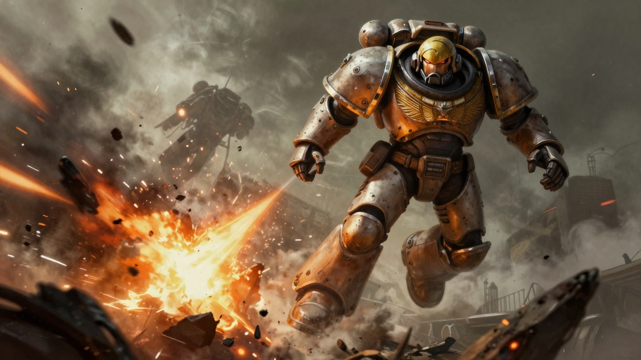 Динамичная сцена сражения космодесантников в тяжелых доспехах среди взрывов