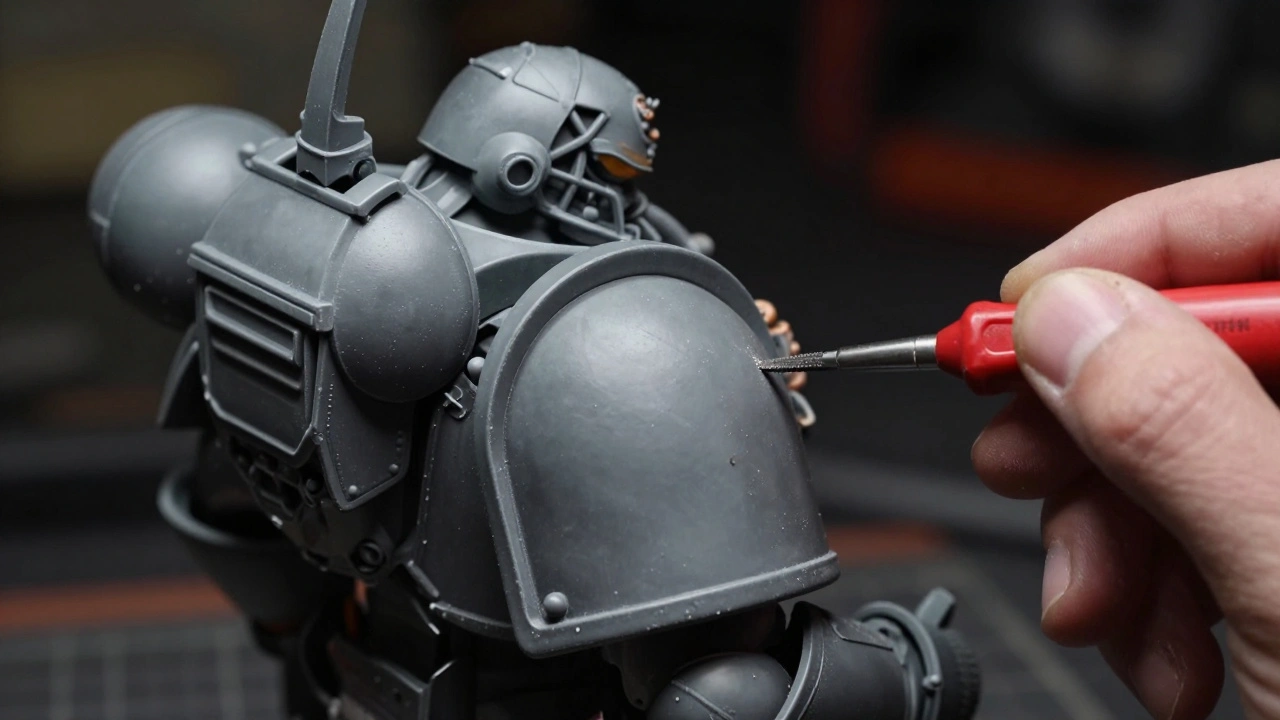 Финальная зачистка шва на плече миниатюры наждачкой